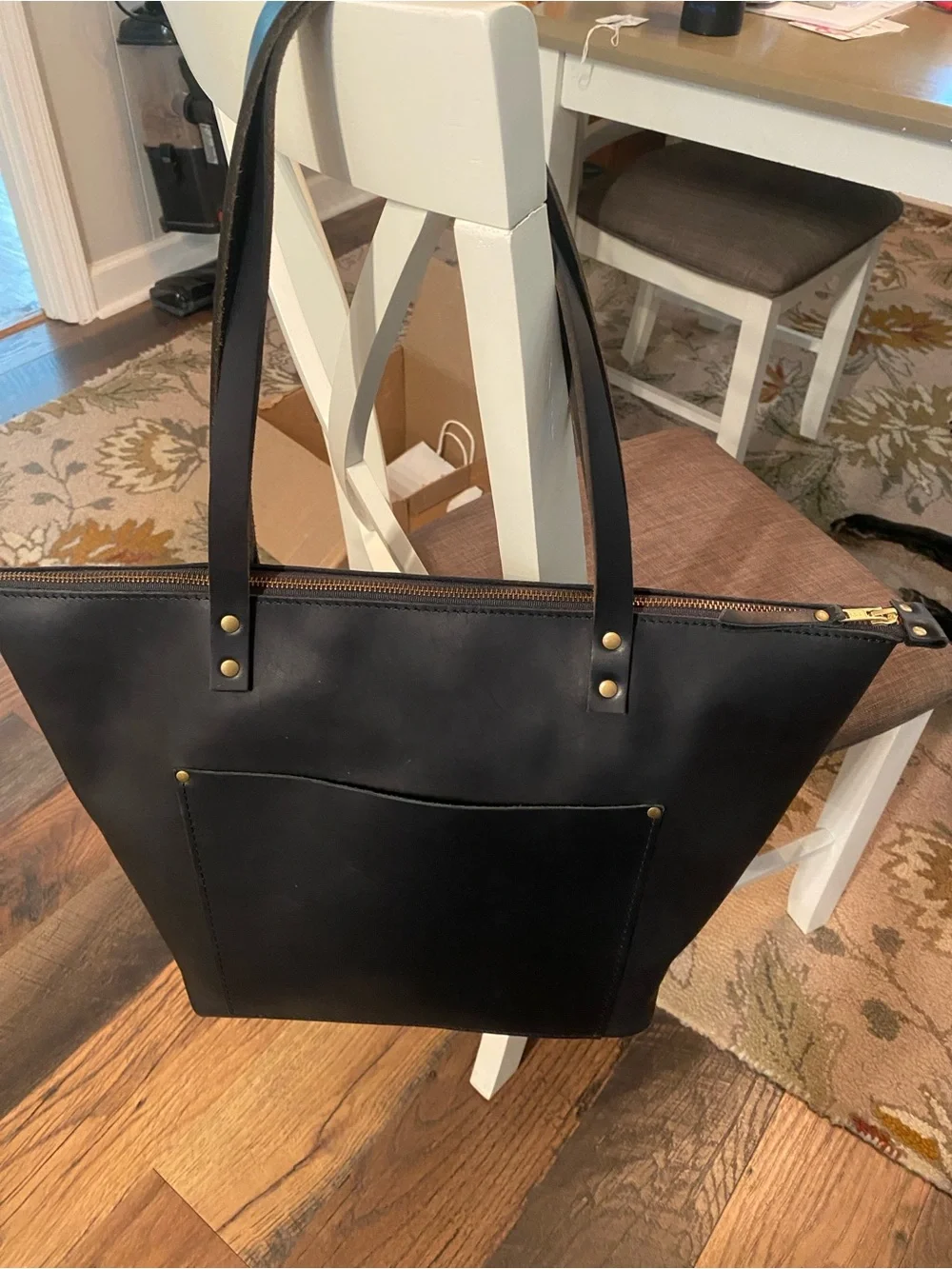 Portland Leather Black Zip-Top Tote with Front Pocket